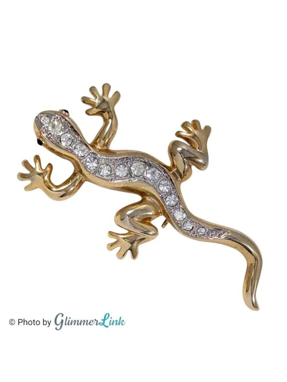 Vintage Gold Tone Gecko Lizard Brooch Clear Rhinestones Black Eyes